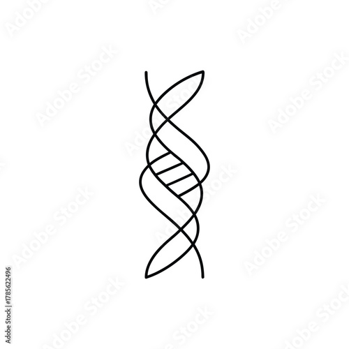 Organic single line illustration of a DNA double helix, representing genetics, biology, and the code of life. A minimalist, slightly imperfect hand-drawn icon for science and biotechnology