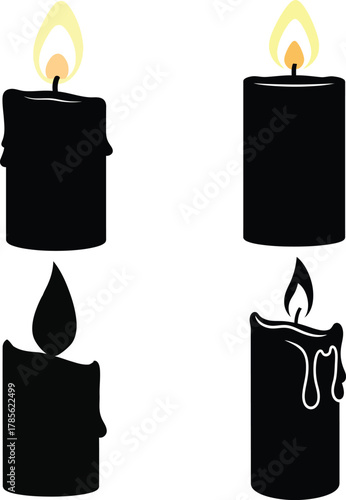 Collection of four black candle silhouettes with and without flames burning unlit