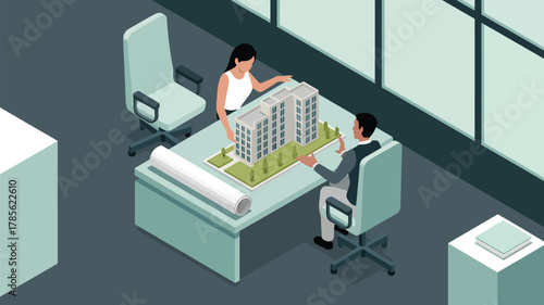 Two people discussing a building model on a table in an office with large windows and office furniture