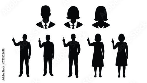 Professional People Silhouettes Set: Male and Female Avatars Standing and Pointing Up, Ideal for Business Icons and User Profiles