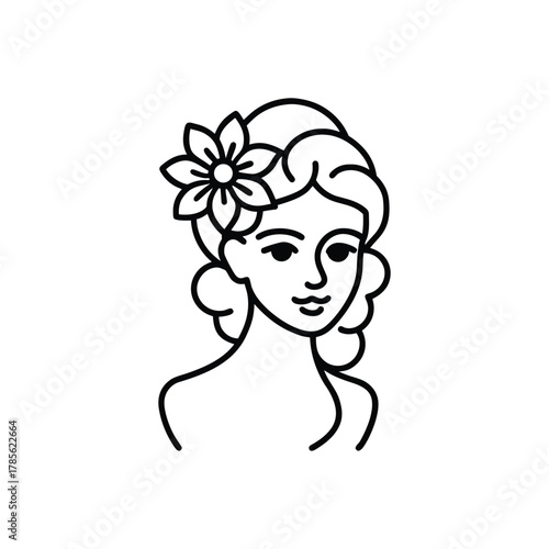 Elegant woman's profile with a flower in her hair, minimalist line art illustration