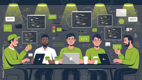 Illustration of five people coding together at a table with laptops and coffee cups under lights