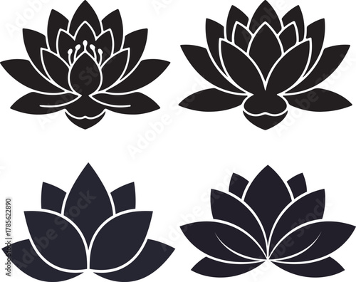 Four Stylized Lotus Flower Silhouettes on White Background icon symbol