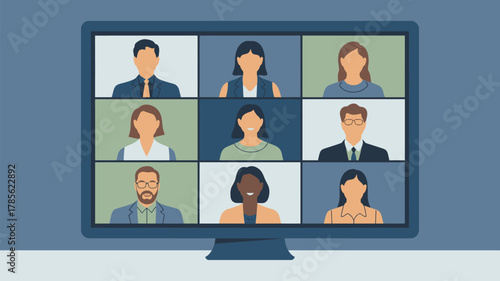 Illustration of a video conference call with nine diverse participants on a computer screen display