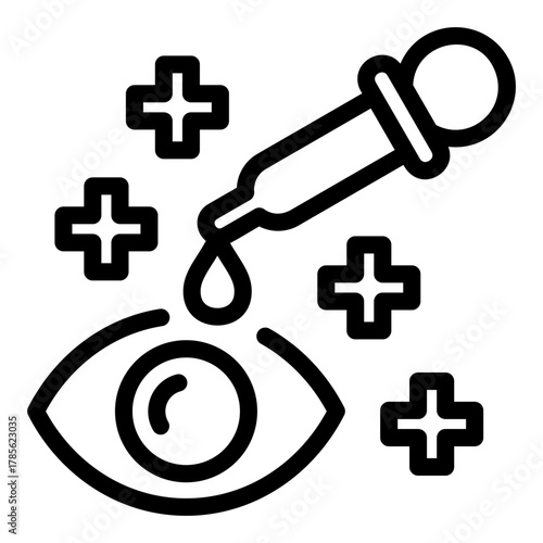 Applying Therapeutic Eye Drops for Vision Health and Medical Treatment Line Icon. illustration of using a dropper to apply medication into an eye, symbolizing vision care, and medical treatment.