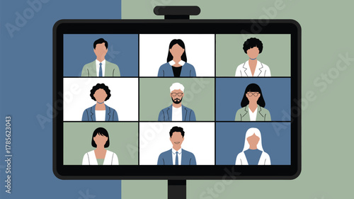 A digital screen displaying a video conference call with nine diverse participants in individual windows