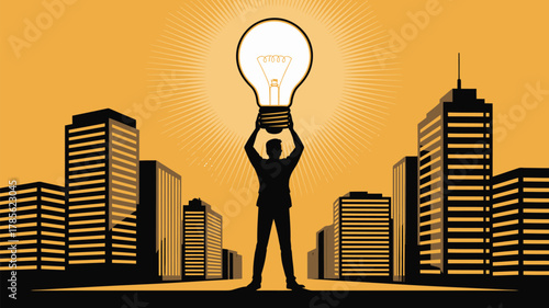 A silhouette of a person holding a lightbulb above their head in a city landscape illustration