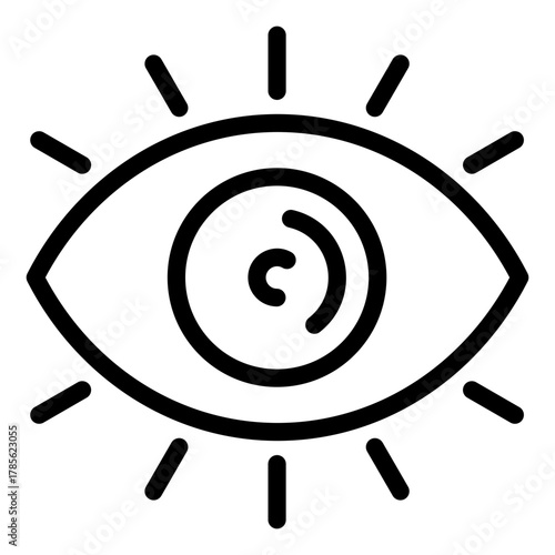 Enhanced Vision, Bright Sight, and High-Definition Visual Experience Line Icon. Icon of an eye radiating light rays with concentric arcs in the pupil, signifying improved vision, or sharp sight.