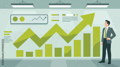 Man in suit looking at a large green upward trending chart with bars and line graph on the wall