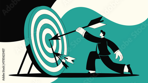 A man in a suit aiming an arrow at a target with two other arrows already in it illustration style
