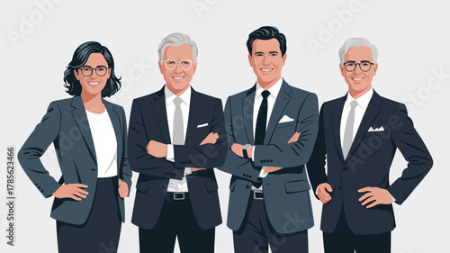 A group of four business people standing together smiling wearing suits and ties on a white background art