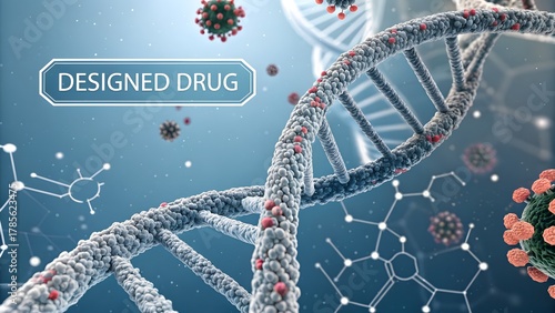 Abstract illustration of a DNA structure with drug particles