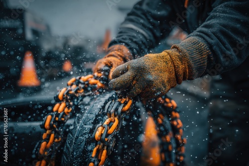 Skilled worker securing snow chains on tire while snow falls in a winter environment highlighting the importance of safety in harsh weather conditions captured with clarity