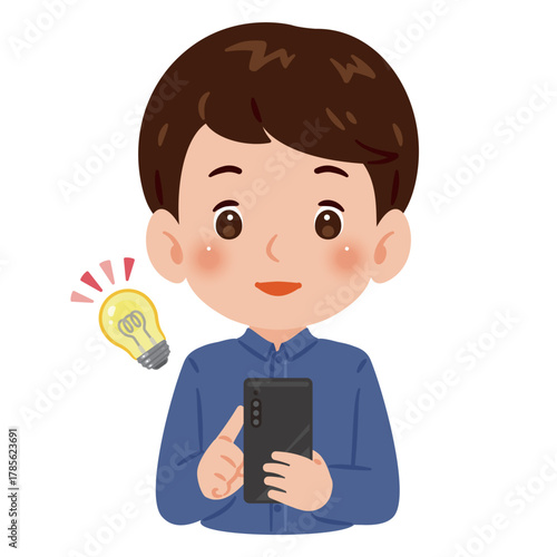 スマートフォンを見て閃く男性　上半身イラスト／ Upper Body Illustration of Man Realizing Something While Looking at Smartphone