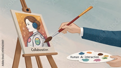 Artist painting portrait of woman in space suit on canvas