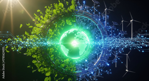 Green energy technology digital network earth solar panel wind turbine leaf sustainability innovation eco friendly renewable energy futuristic