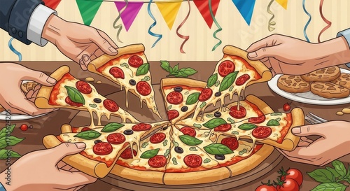 Playful Doodle Illustration of a Joyful Italian Pizza Party