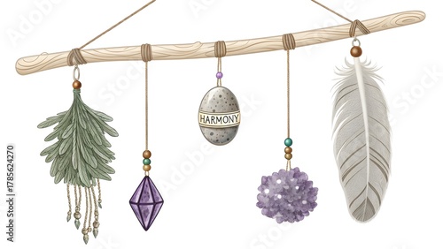 Bohemian Style Mobile Featuring Sage Branch and Hanging Charms