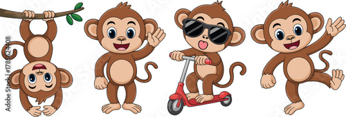 Cute cartoon monkeys playing and riding scooter, funny jungle animals waving and hanging on tree branch, vector illustration for kids