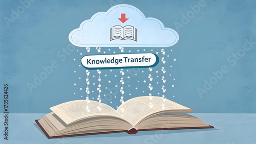 Book receiving knowledge raining down from a digital cloud