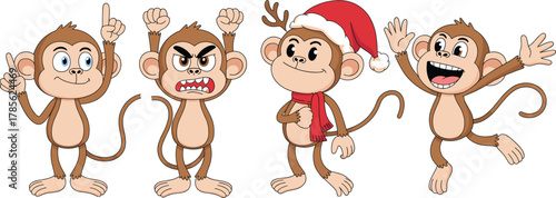 Cute cartoon monkeys with Christmas hat and funny expressions, playful animal characters for kids illustration, holiday vector design