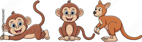 Cute cartoon monkeys and kangaroo illustration, funny jungle animals for kids education, learning materials, vector character design
