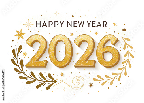Festive New Year greeting with sparkling gold 2026 text, confetti, stars, and streamers on white background, perfect for holiday themes.
