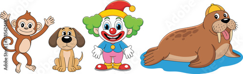 Cute cartoon monkey, funny dog, happy clown, and walrus character — colorful animal circus friends, kids fun illustration vector