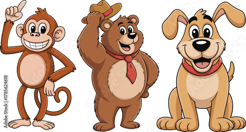 Cute cartoon monkey bear and dog characters, funny jungle and pet animals vector illustration for kids education and design