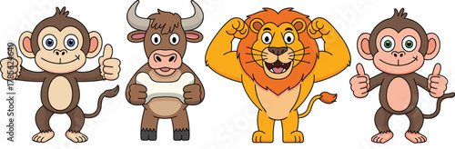 Cute cartoon monkey bull and lion vector illustration, funny jungle animals for kids education, zoo mascot and motivational design
