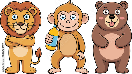 Cute cartoon lion monkey and bear characters, funny jungle and zoo animals vector illustration for kids education and design