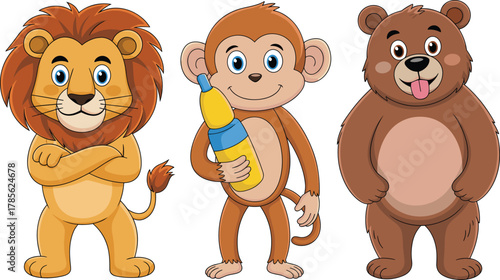 Cute cartoon lion monkey and bear characters, funny jungle animals vector illustration for kids education and wildlife design