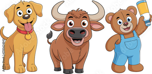 Cute cartoon dog, smiling bull and happy bear in overalls holding bottle, adorable vector illustration for kids and animal designs
