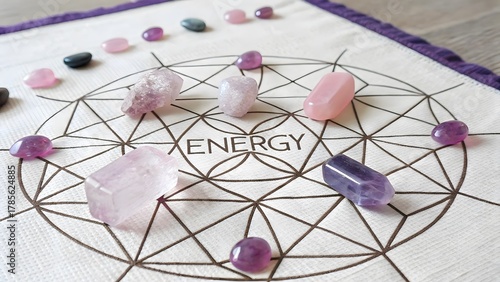Close up of crystal grid with quartz crystals for energy healing