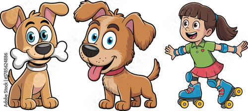 Cute cartoon dogs and happy girl on roller skates — funny puppy pets, playful child, adorable animal characters, kids activity illustration