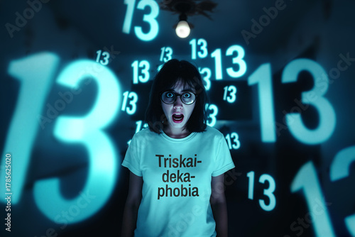 Triskaidekaphobia or Fear of Number thirteen. Woman surrounded by 13's in horror scene. Retro scary movie aesthetic. Irrational superstition or paranoia.