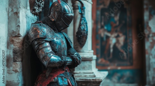 A knight in shining armor rests in a historic setting. The ambiance is mysterious and evocative. What stories might this knight tell. Generative AI