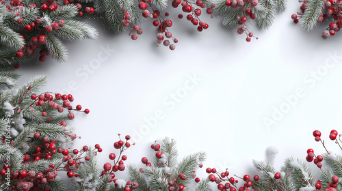 Festive Pine and Berry: A symmetrical tableau, Christmas tree branches with frosted leaves artfully frame an open space, punctuated by vibrant red berries.