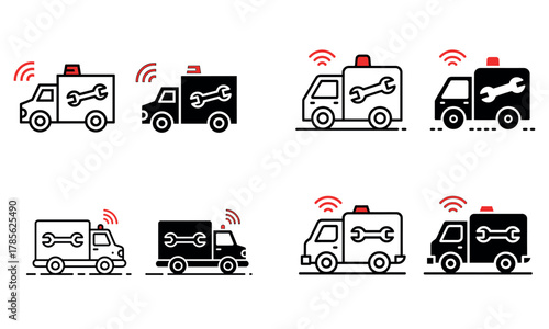 Mobile repair service van icon set with wrench symbol and wireless signal design
