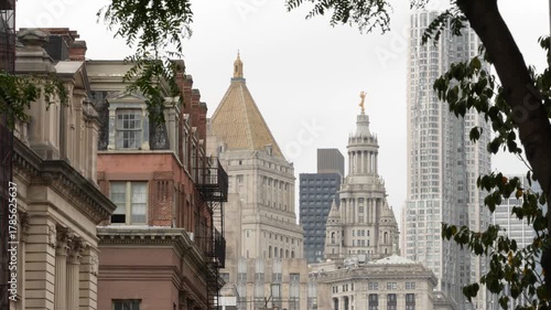 New York City Downtown Civic Center, United States of America. Manhattan municipal building 1914, old historic architecture. Government administration authority. Courthouse pyramid roof, Center street