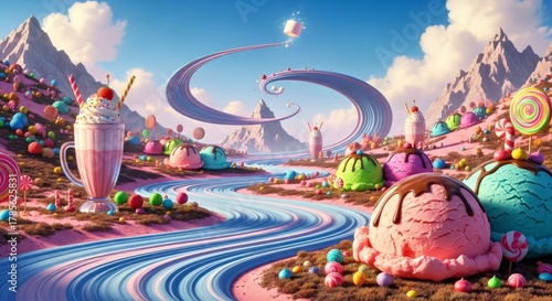 Surreal Landscape Formed by Swirling Milkshake and Dessert Elements