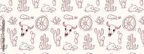 A cowgirl western seamless pattern with cactus, skull and wagon wheel in a whimsical pink vintage desert style. A cowgirl western background for fabric, boho wallpaper, or retro country design.