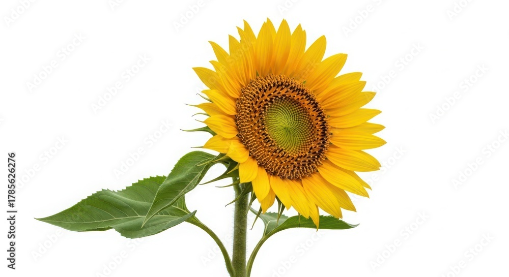 Fototapeta premium Bright yellow sunflower bloom with green leaves isolated on white isolated on white background