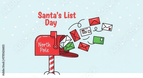 Santa's List Day holiday illustration. A red North Pole mailbox overflowing with letters and Christmas wish lists. Cute cartoon vector with copy space