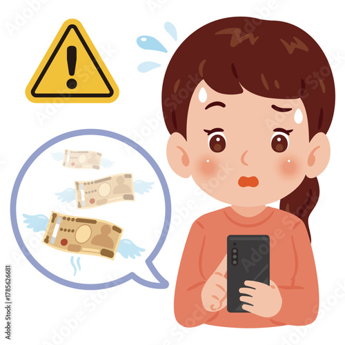 スマートフォンでお金のトラブルに遭う女性　上半身イラスト／Upper Body Illustration of Woman Losing Money to Online Scam on Smartphone