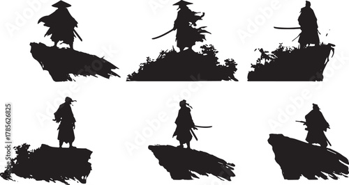 Samurai on Mountaintop Overlooking Silhouette Scene