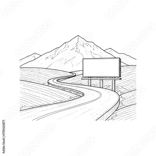 Blank billboard on a highway road, mountain landscape sketch. Advertising mockup vector illustration.

