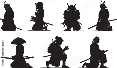 Kneeling and Meditating Samurai Silhouette Vector Pack