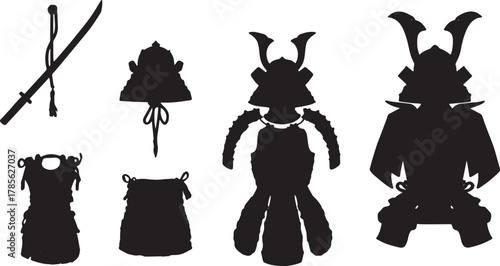 Samurai Armor and Gear Flat Lay Silhouette Set
