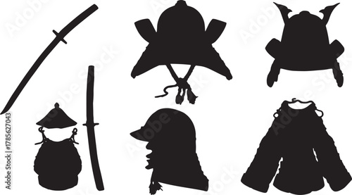 Samurai Armor and Gear Flat Lay Silhouette Set